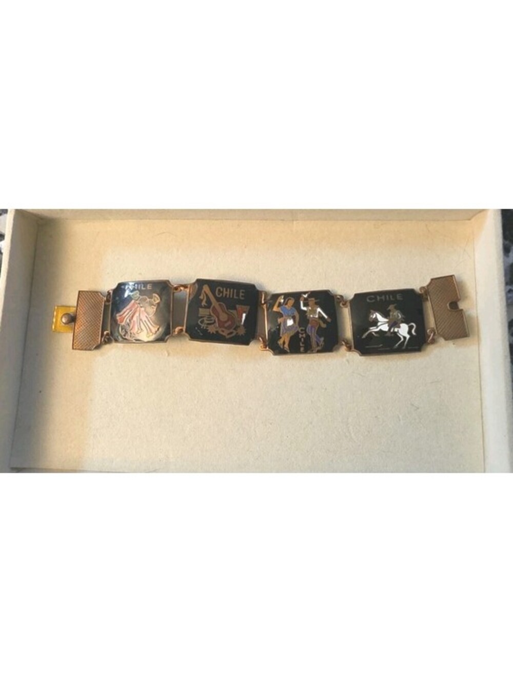 Vintage Chile Tourist Souvenir Hand Painted Enamel Panel Linked Bracelet 7" Long